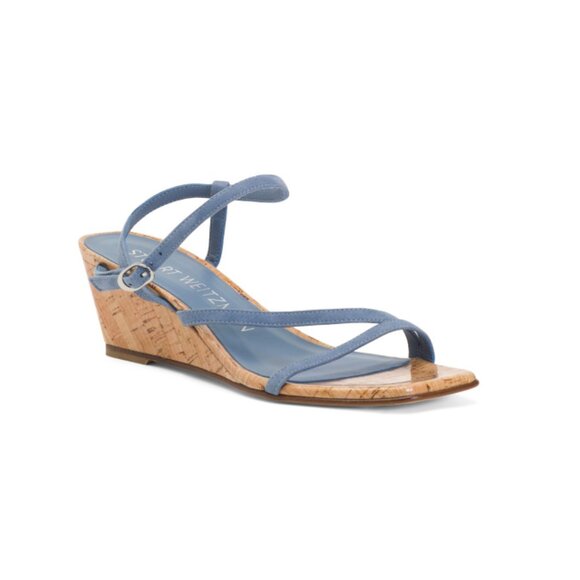 STUART WEITZMAN Blue Steel Made In Spain Suede Oasis 50 Wedge Sandals - Picture 1 of 2